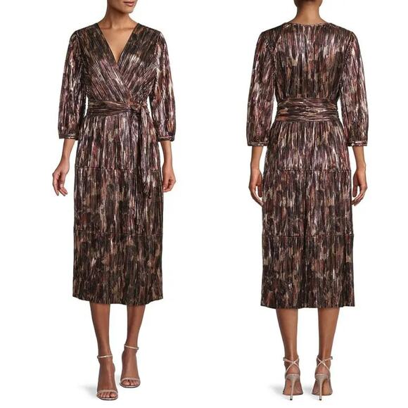 Johnny Was Jade Tina Wrap Midi Dress Brown Metallic Belted V-Neck Womens XL NWT - Picture 1 of 7